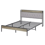 Lit plateforme Queen gris avec tête de lit de rangement, assemblage par 1 personne
