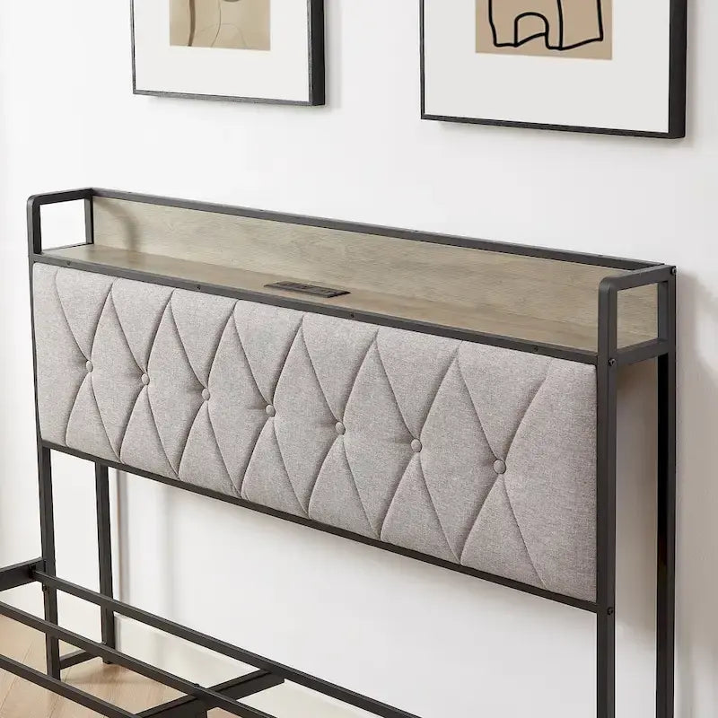 Lit plateforme Queen gris avec tête de lit de rangement, assemblage par 1 personne