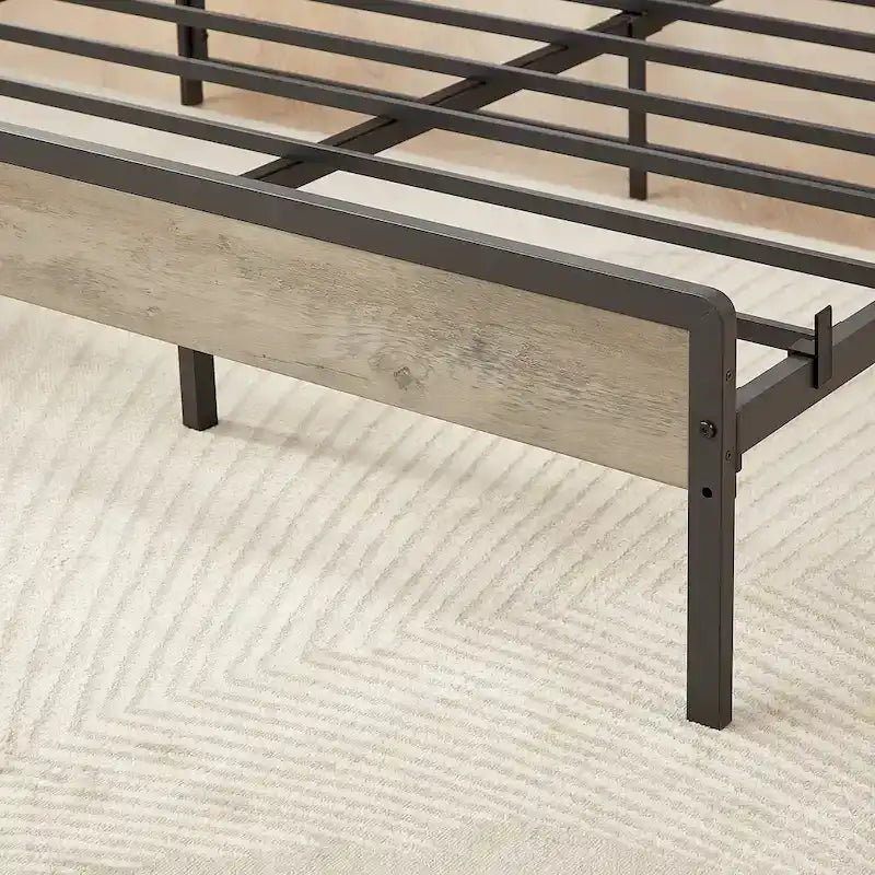 Lit plateforme Queen gris avec tête de lit de rangement, assemblage par 1 personne
