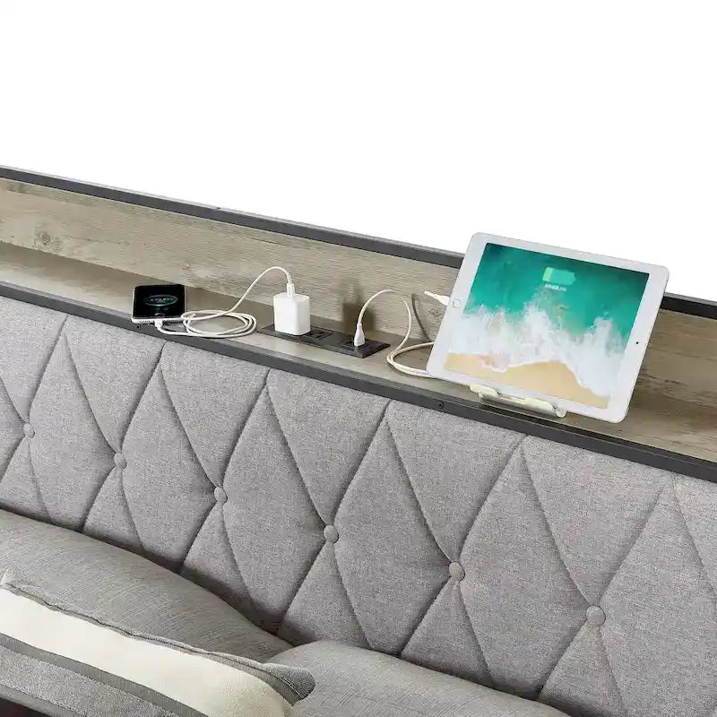 Lit plateforme Queen gris avec tête de lit de rangement, assemblage par 1 personne