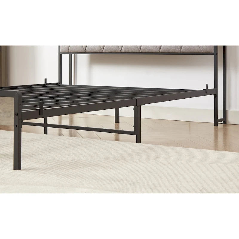 Lit plateforme Queen gris avec tête de lit de rangement, assemblage par 1 personne