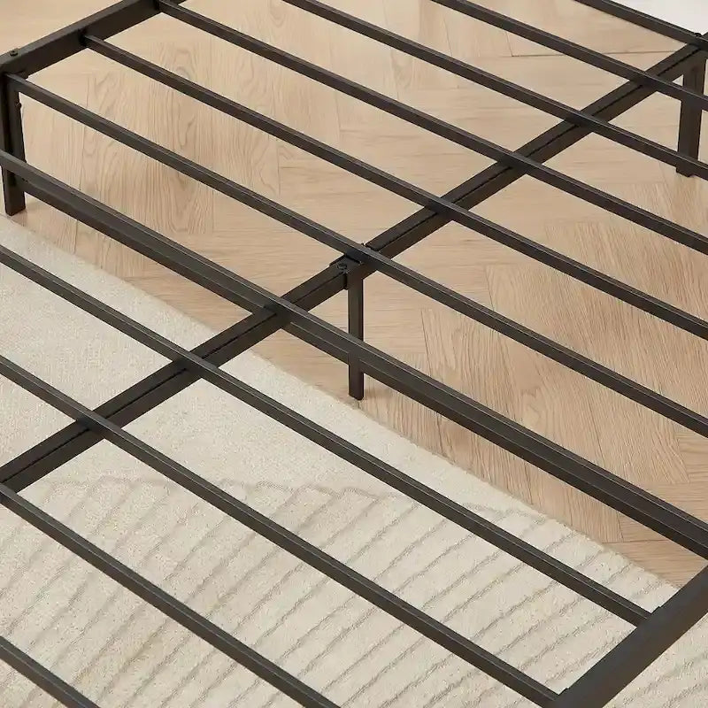 Lit plateforme Queen gris avec tête de lit de rangement, assemblage par 1 personne