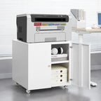 Meuble support d'imprimante mobile blanc avec armoire de rangement, 4 roulettes, utilisateur unique