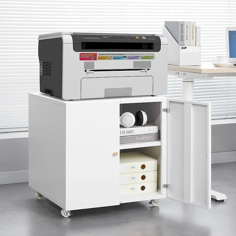 Meuble support d'imprimante mobile blanc avec armoire de rangement, 4 roulettes, utilisateur unique