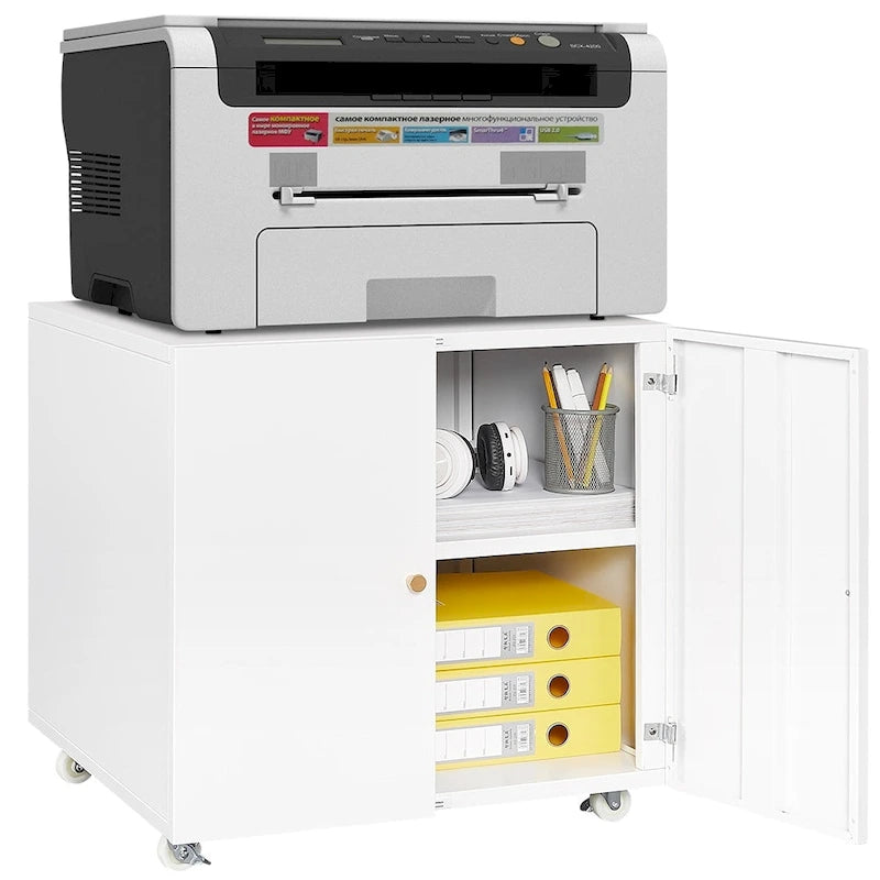 Meuble support d'imprimante mobile blanc avec armoire de rangement, 4 roulettes, utilisateur unique