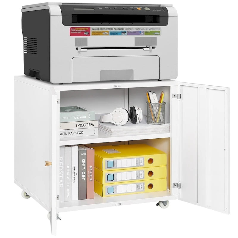 Meuble support d'imprimante mobile blanc avec armoire de rangement, 4 roulettes, utilisateur unique