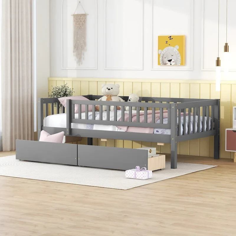 Lit de repos en bois gris/noyer avec 2 tiroirs, jumeau, 1 personne