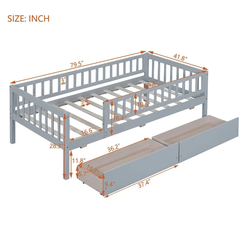 Lit de repos en bois gris/noyer avec 2 tiroirs, jumeau, 1 personne