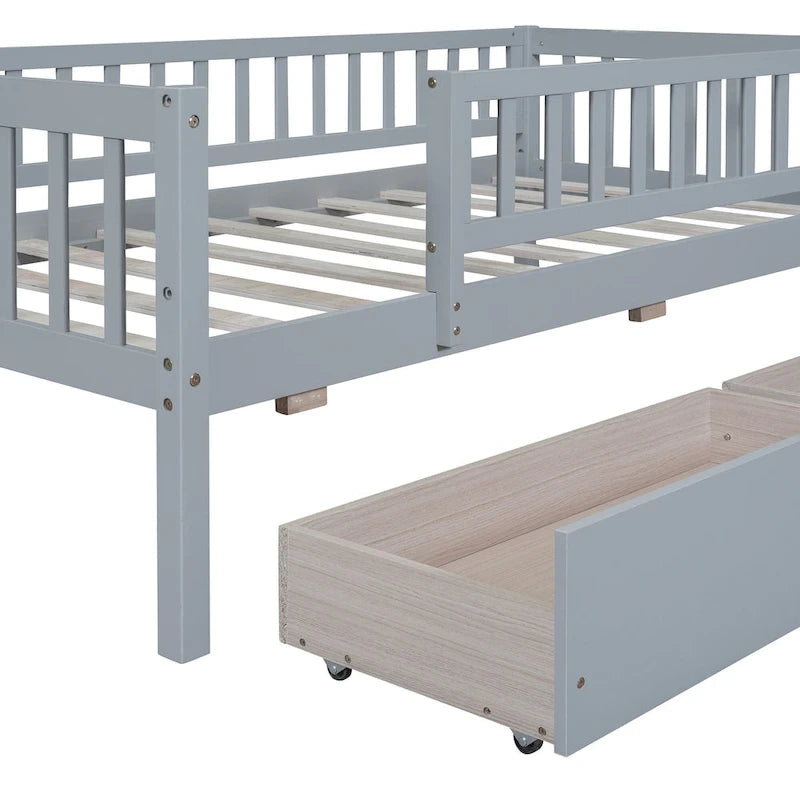 Lit de repos en bois gris/noyer avec 2 tiroirs, jumeau, 1 personne