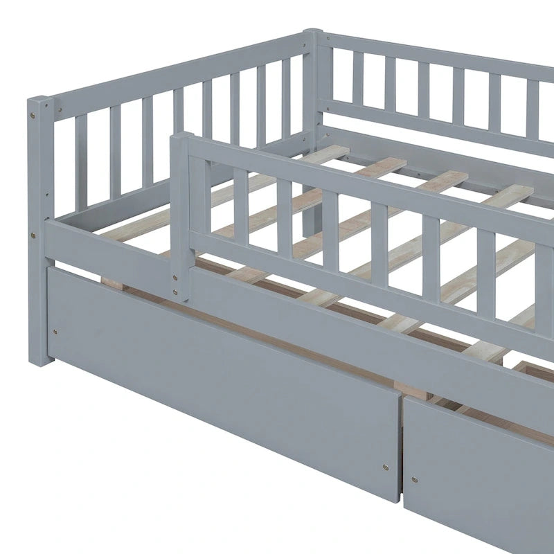 Lit de repos en bois gris/noyer avec 2 tiroirs, jumeau, 1 personne
