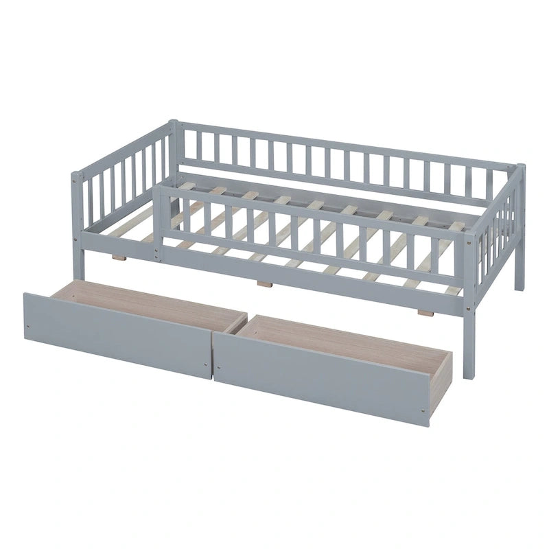 Lit de repos en bois gris/noyer avec 2 tiroirs, jumeau, 1 personne