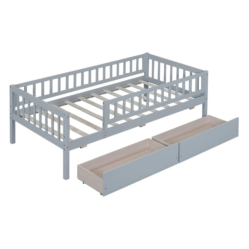 Lit de repos en bois gris/noyer avec 2 tiroirs, jumeau, 1 personne