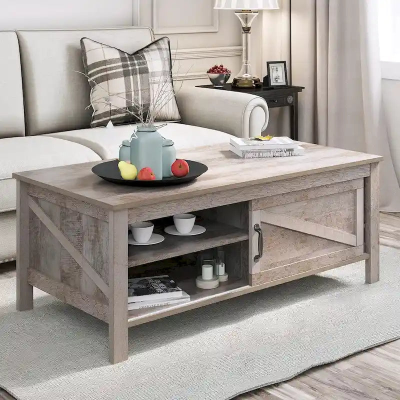 Table basse rectangulaire de style campagnard avec étagères réglables et porte coulissante de style grange