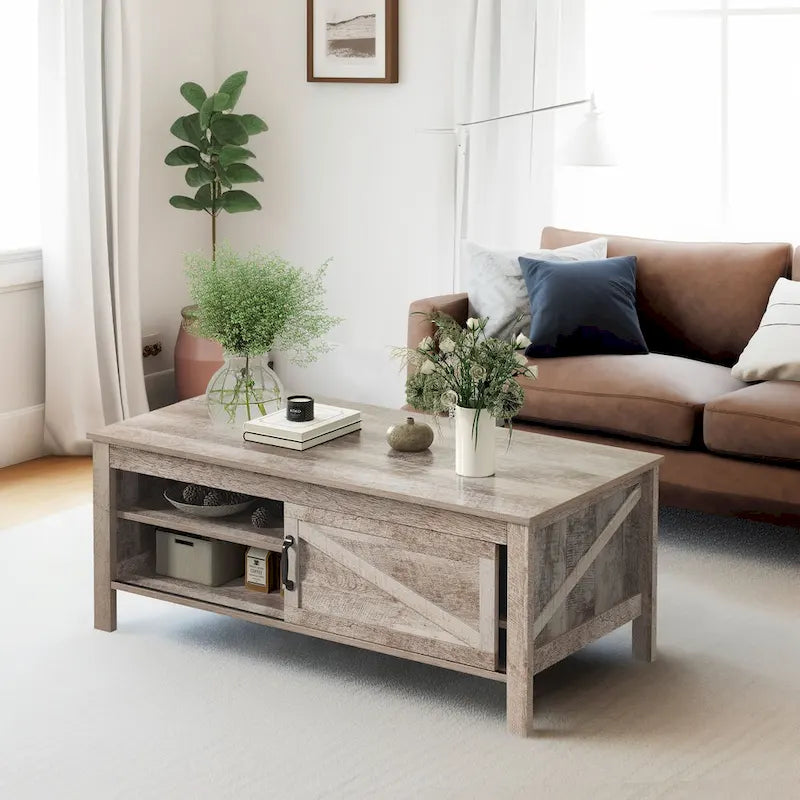 Table basse rectangulaire de style campagnard avec étagères réglables et porte coulissante de style grange