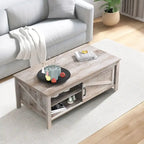 Table basse rectangulaire de style campagnard avec étagères réglables et porte coulissante de style grange