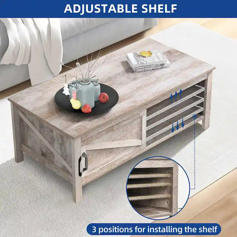 Table basse rectangulaire de style campagnard avec étagères réglables et porte coulissante de style grange