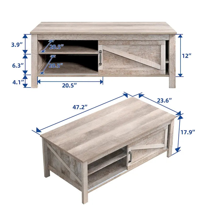 Table basse rectangulaire de style campagnard avec étagères réglables et porte coulissante de style grange