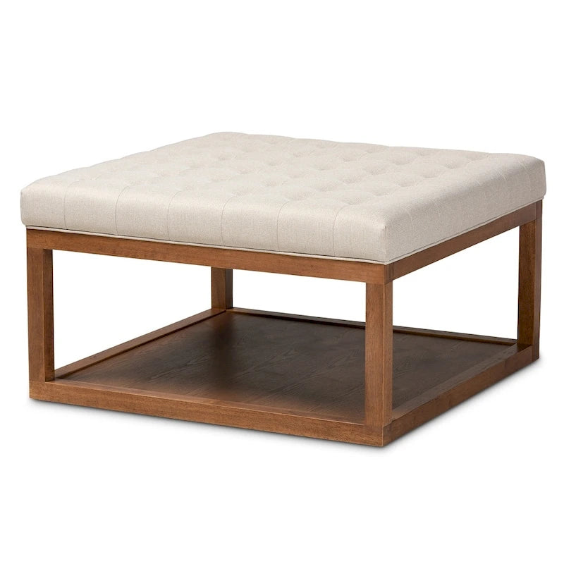 Pouf de cocktail tapissé gris/beige, carré, 1 personne