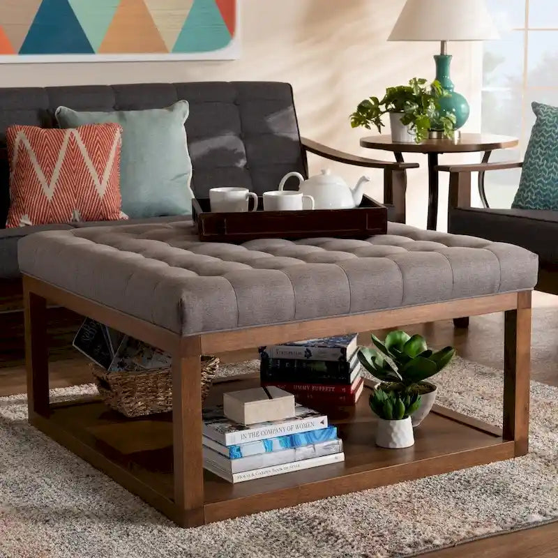 Pouf de cocktail tapissé gris/beige, carré, 1 personne