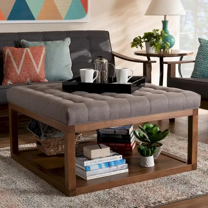 Pouf de cocktail tapissé gris/beige, carré, 1 personne