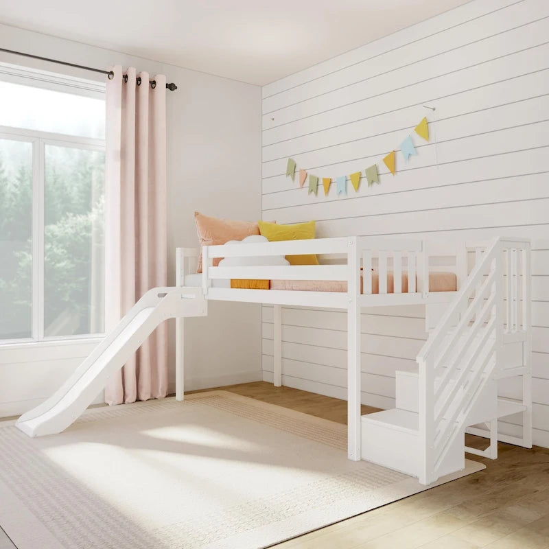 Lit mezzanine bas jumeau blanc avec toboggan et escalier, 1 enfant