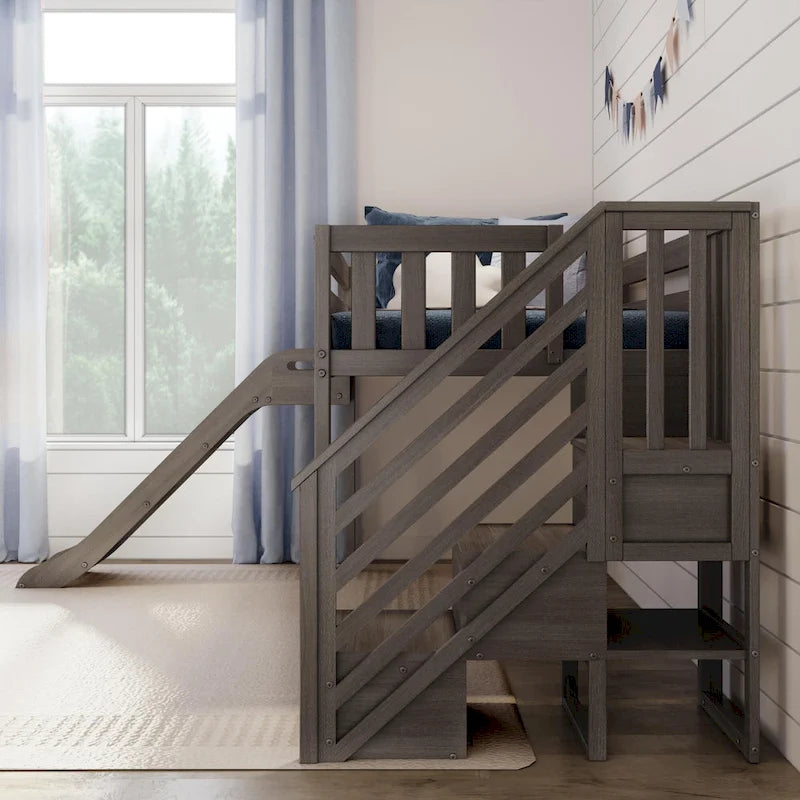 Lit mezzanine bas jumeau blanc avec toboggan et escalier, 1 enfant
