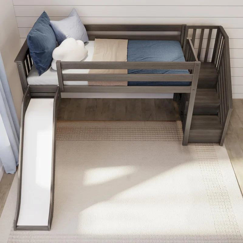 Lit mezzanine bas jumeau blanc avec toboggan et escalier, 1 enfant