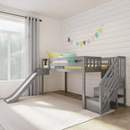 Lit mezzanine bas jumeau blanc avec toboggan et escalier, 1 enfant