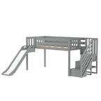 Lit mezzanine bas jumeau blanc avec toboggan et escalier, 1 enfant