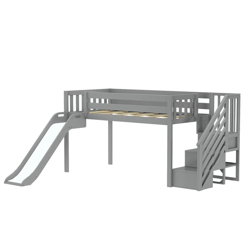 Lit mezzanine bas jumeau blanc avec toboggan et escalier, 1 enfant