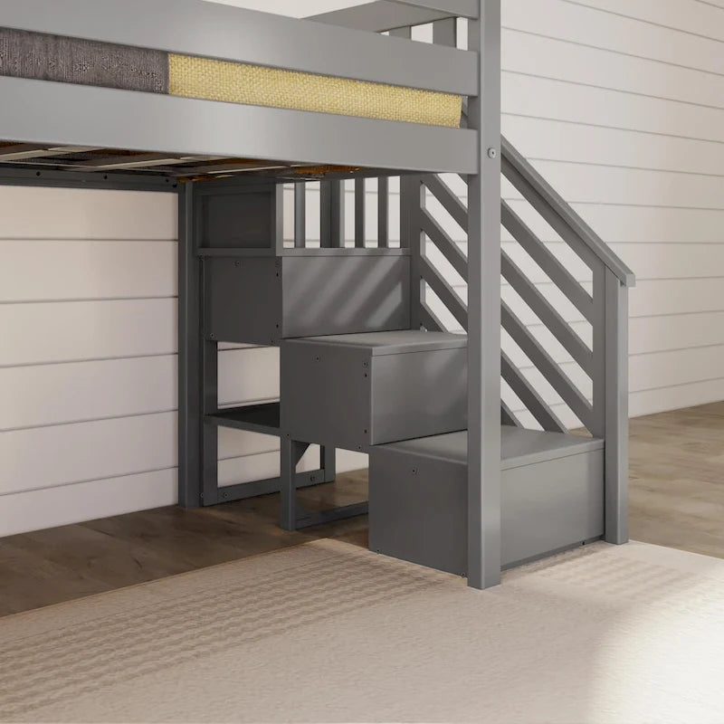 Lit mezzanine bas jumeau blanc avec toboggan et escalier, 1 enfant