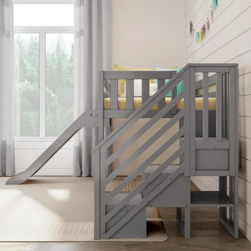 Lit mezzanine bas jumeau blanc avec toboggan et escalier, 1 enfant