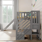 Lit mezzanine bas jumeau blanc avec toboggan et escalier, 1 enfant