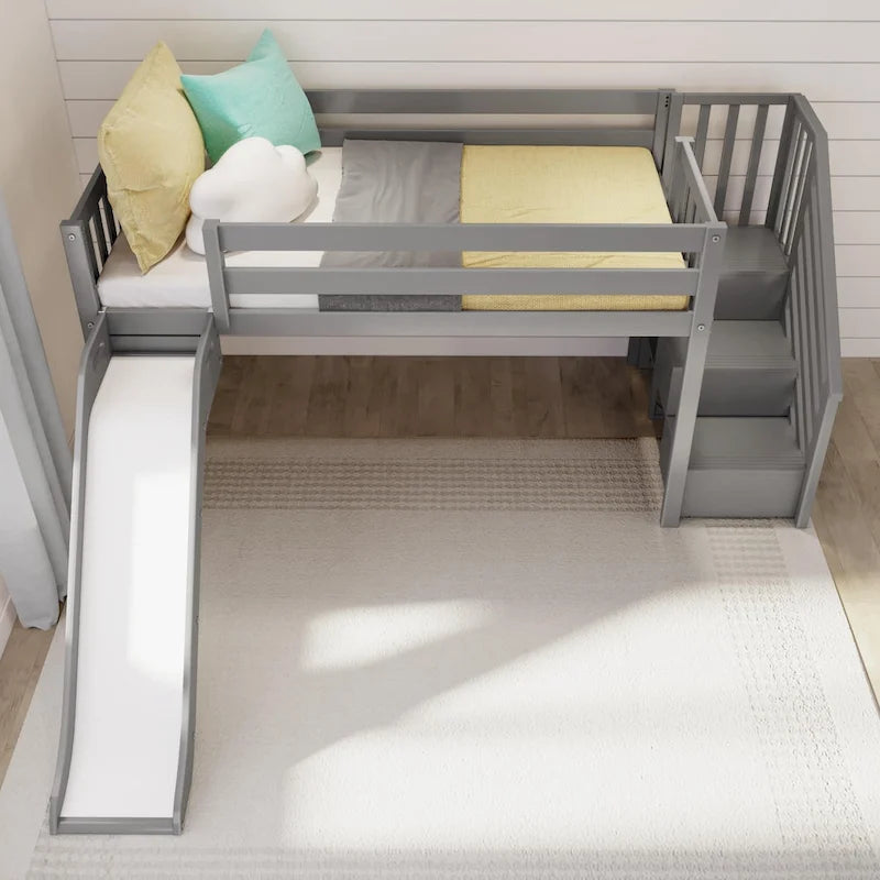 Lit mezzanine bas jumeau blanc avec toboggan et escalier, 1 enfant