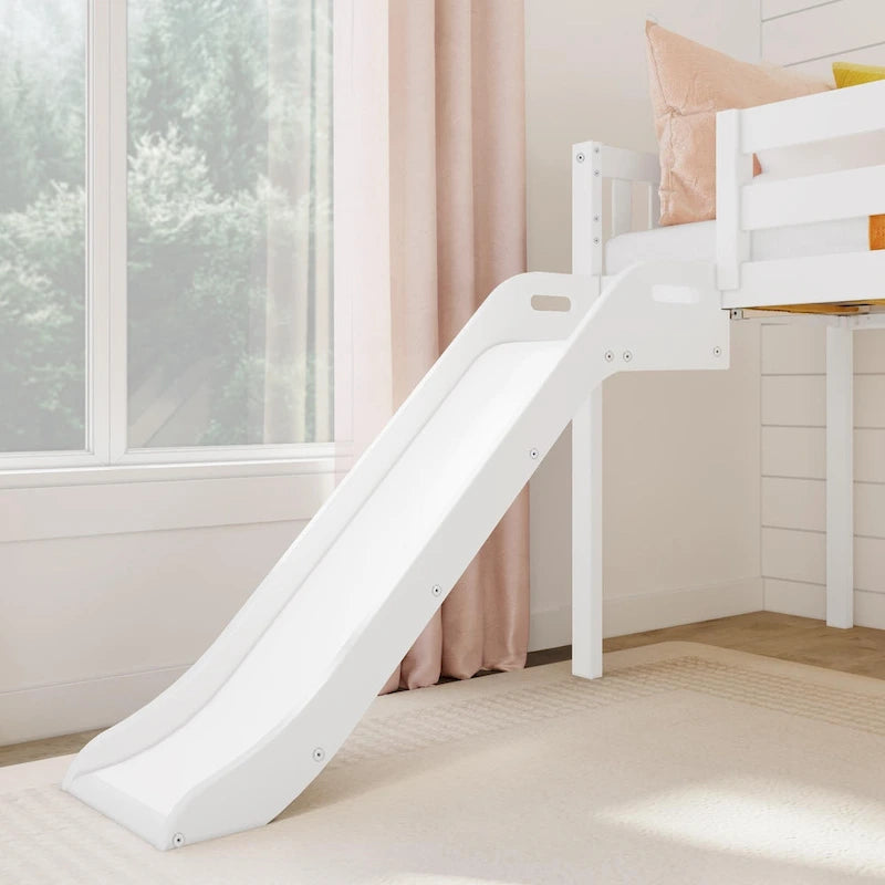 Lit mezzanine bas jumeau blanc avec toboggan et escalier, 1 enfant