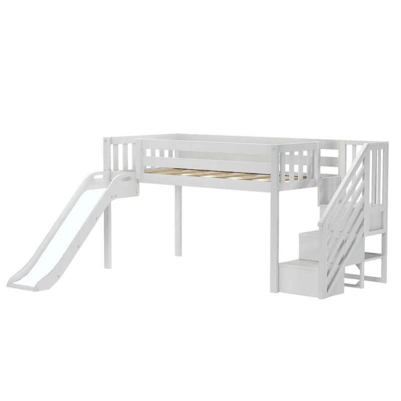 Lit mezzanine bas jumeau blanc avec toboggan et escalier, 1 enfant