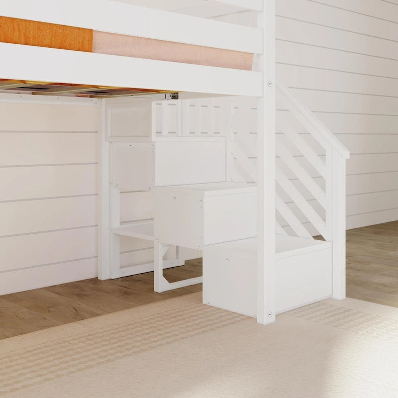 Lit mezzanine bas jumeau blanc avec toboggan et escalier, 1 enfant