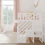 Lit mezzanine bas jumeau blanc avec toboggan et escalier, 1 enfant