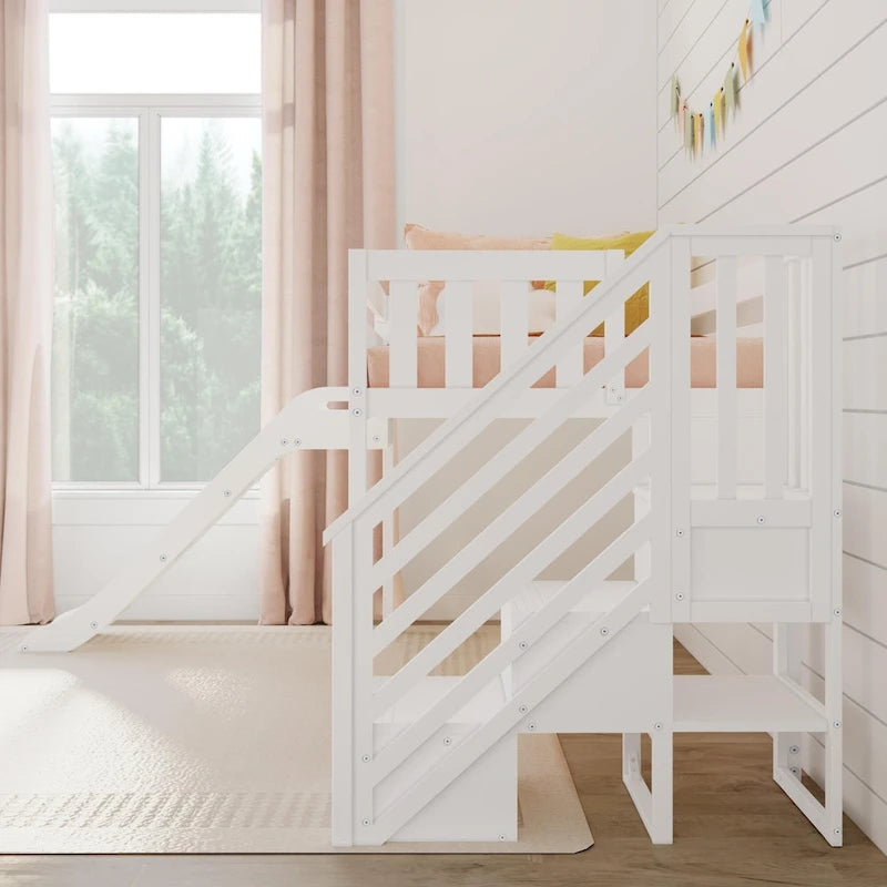 Lit mezzanine bas jumeau blanc avec toboggan et escalier, 1 enfant