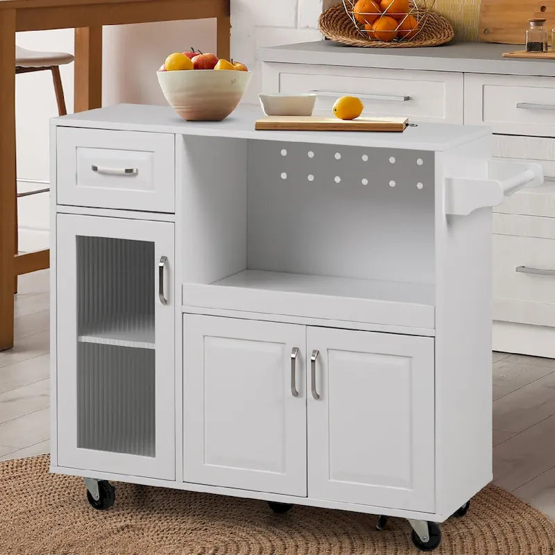 Desserte de cuisine roulante blanche et rouge avec espace micro-ondes et rangement
