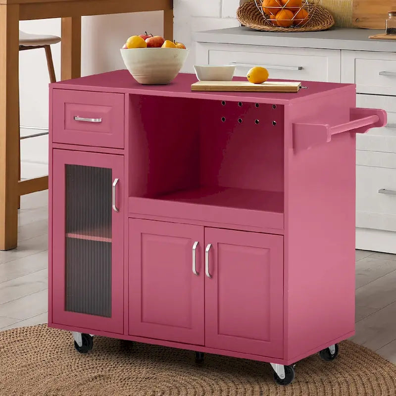 Desserte de cuisine roulante blanche et rouge avec espace micro-ondes et rangement