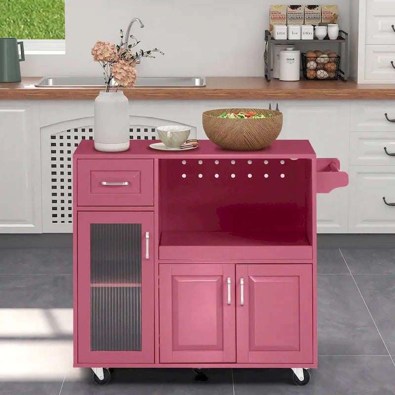 Desserte de cuisine roulante blanche et rouge avec espace micro-ondes et rangement