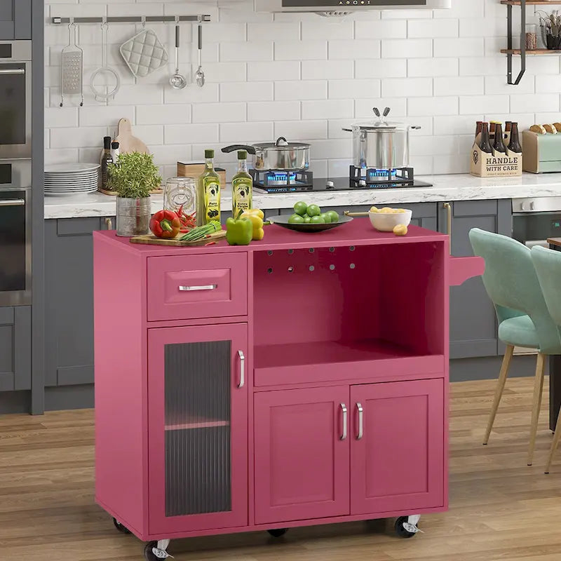 Desserte de cuisine roulante blanche et rouge avec espace micro-ondes et rangement