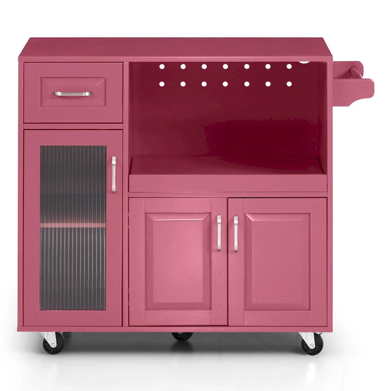 Desserte de cuisine roulante blanche et rouge avec espace micro-ondes et rangement