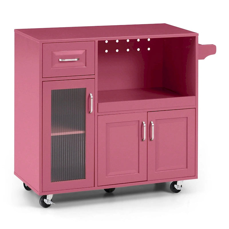 Desserte de cuisine roulante blanche et rouge avec espace micro-ondes et rangement