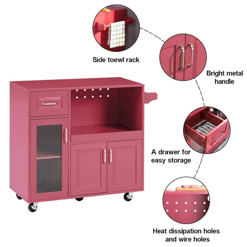 Desserte de cuisine roulante blanche et rouge avec espace micro-ondes et rangement