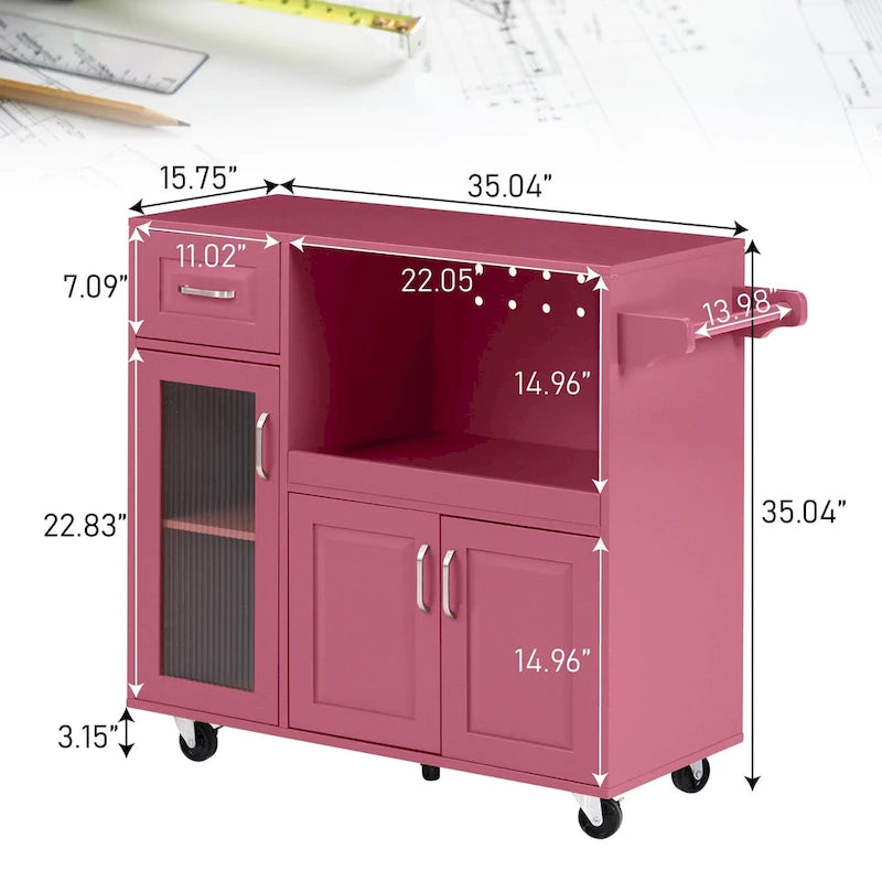 Desserte de cuisine roulante blanche et rouge avec espace micro-ondes et rangement