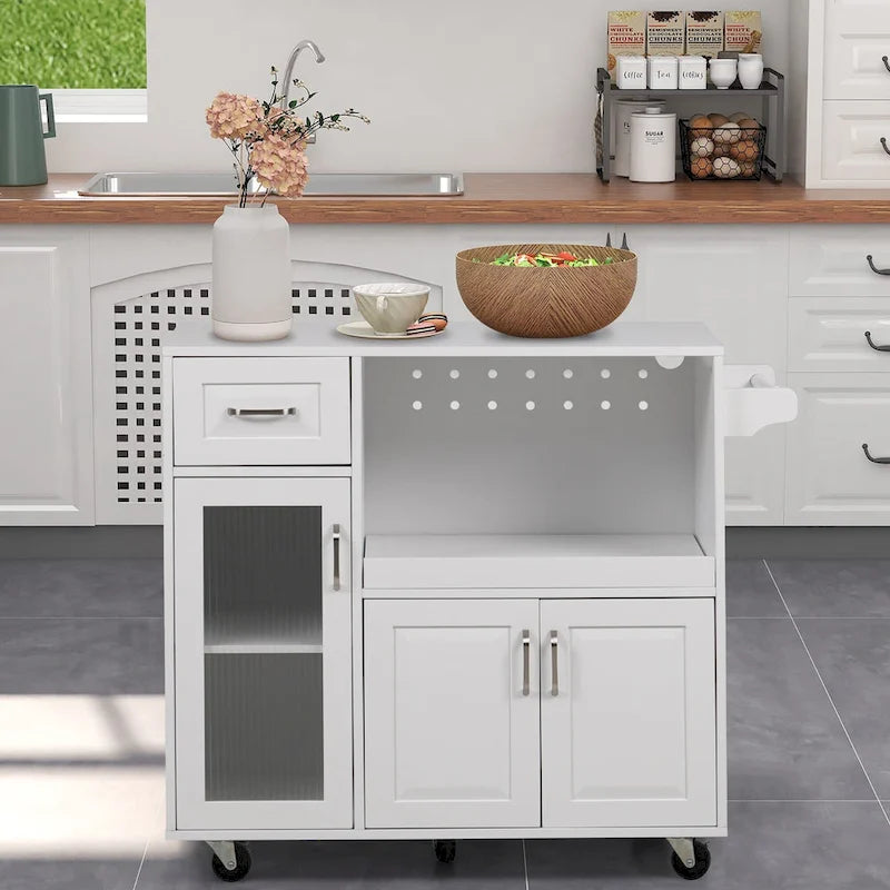Desserte de cuisine roulante blanche et rouge avec espace micro-ondes et rangement
