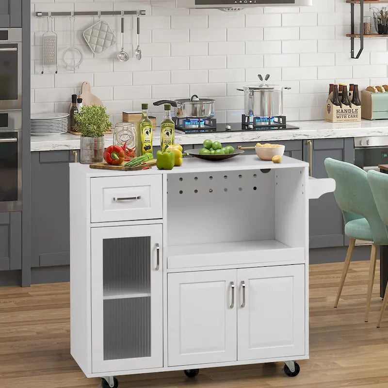 Desserte de cuisine roulante blanche et rouge avec espace micro-ondes et rangement