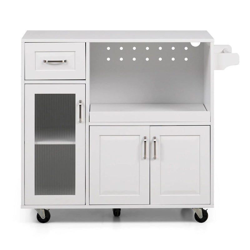 Desserte de cuisine roulante blanche et rouge avec espace micro-ondes et rangement